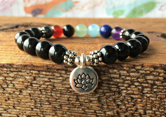 AAA Black Tourmaline 7 Chakra Wrist Mala //  Grounding the Root Chakra Healing - Negative Energy Protection