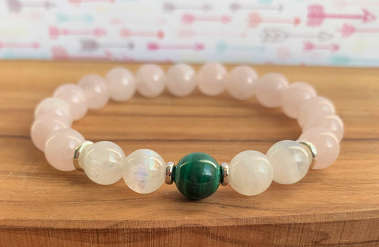 Rose Quartz, Moonstone & Malachite Wrist Mala  //  Opening the Heart Chakra - Feminine Energy - New Beginnings