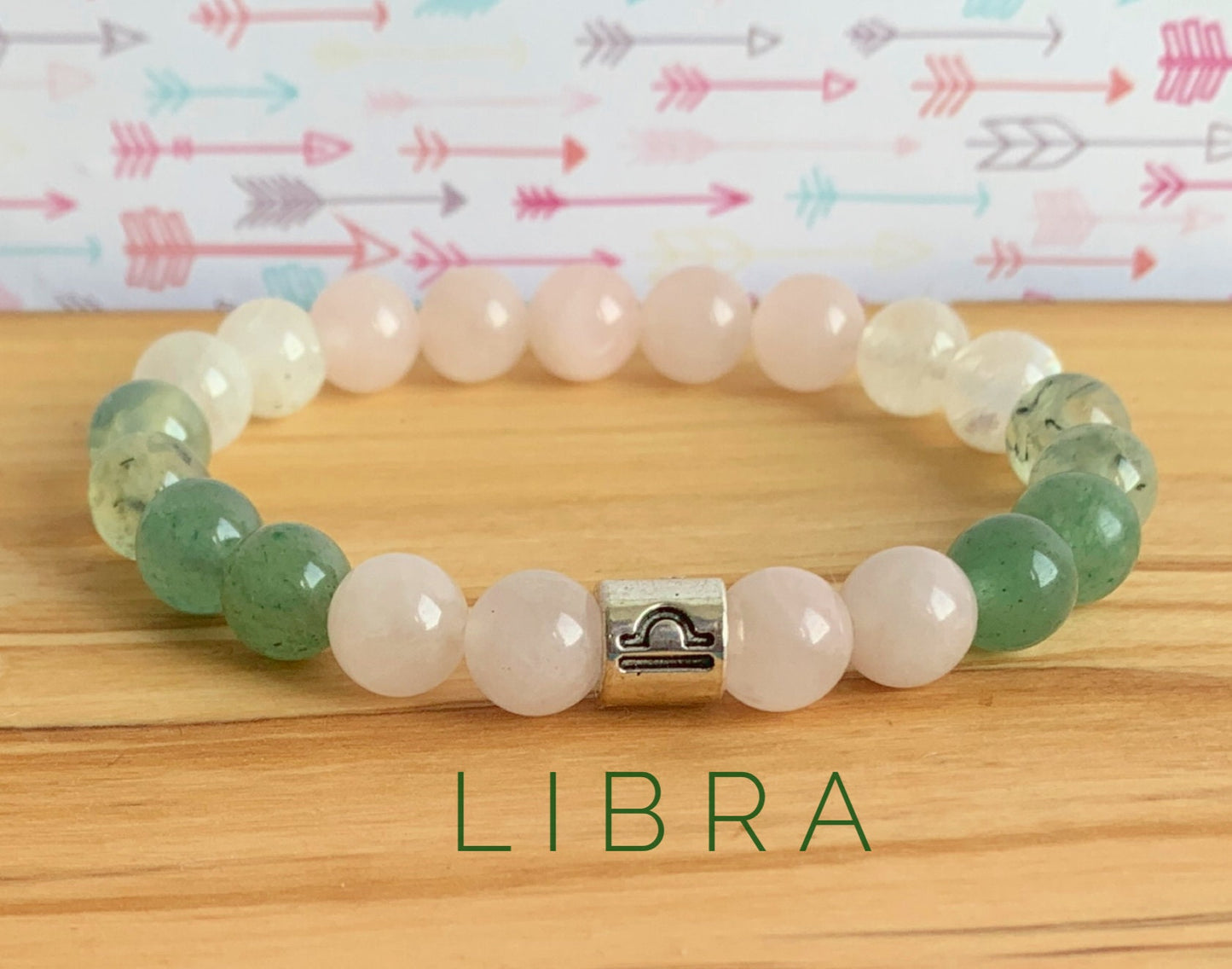 Libra Zodiac Wrist Mala  //  Madagascar Rose Quartz - Green Aventurine - Prehnite - Rainbow Moonstone