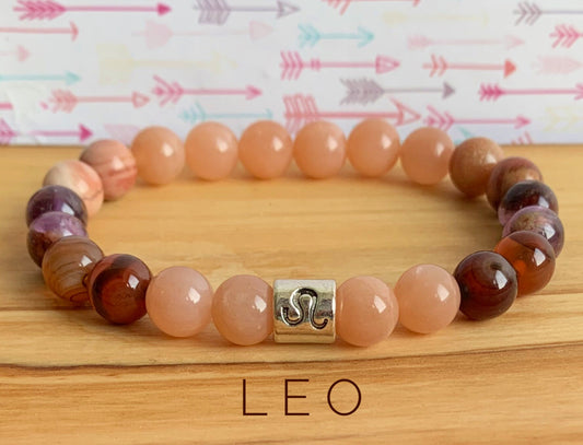 Leo Zodiac Wrist Mala // Sunstone - Sardonyx - Super Seven - Petrified Wood