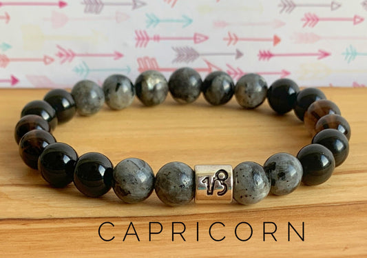 Capricorn Zodiac Wrist Mala  //  Black Moonstone - Black Obsidian - Smoky Quartz - Black Onyx