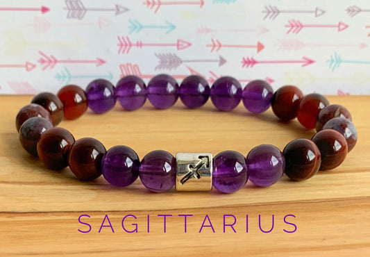 Sagittarius Zodiac Wrist Mala  //  Amethyst - Red Tiger Eye - Pietersite - Sardonyx