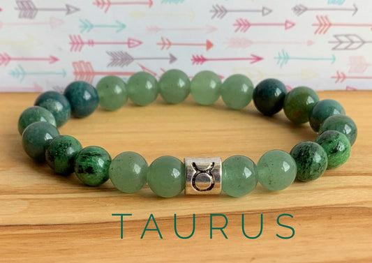 taurus gemstone bracelet with green aventurine crystals and taurus charm