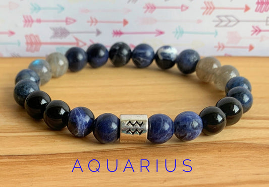 Aquarius Zodiac Wrist Mala  //  Sodalite - Black Onyx - Dumortierite - Labradorite