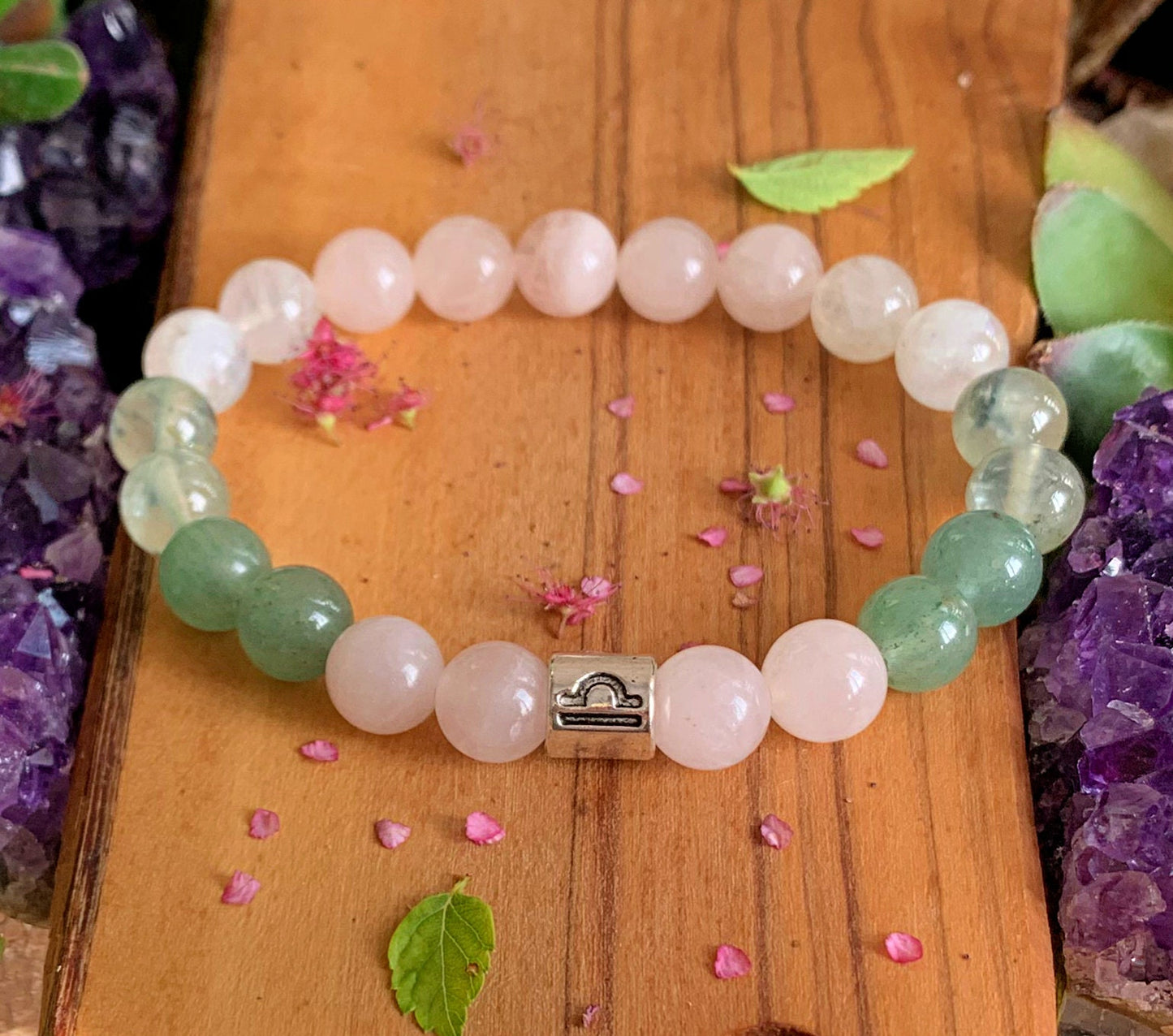 Libra Zodiac Wrist Mala  //  Madagascar Rose Quartz - Green Aventurine - Prehnite - Rainbow Moonstone