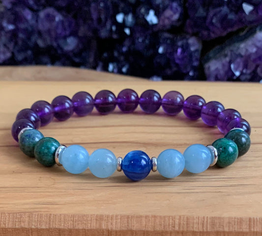 Kyanite, Amethyst, Aquamarine & Chrysocolla Wrist Mala  //  Master Healer - Deepening our Spiritual Connection