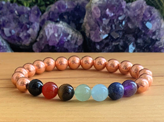 Seven Chakra Wrist Mala with Genuine Natural Copper// Stimulates Energy Flow - Alignment of our Emotional & Physical Selves