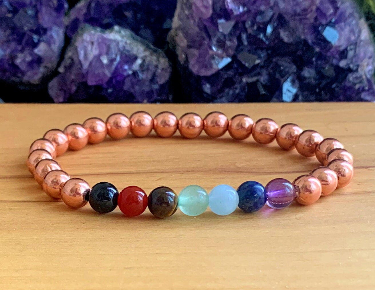 Seven Chakra Wrist Mala with Genuine Natural Copper// Stimulates Energy Flow - Alignment of our Emotional & Physical Selves