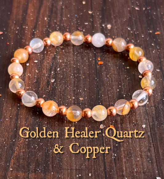 Golden Healer Quartz & Untreated Copper Wrist Mala // Stimulates Energy Flow - Self Confidence - Positive Energy