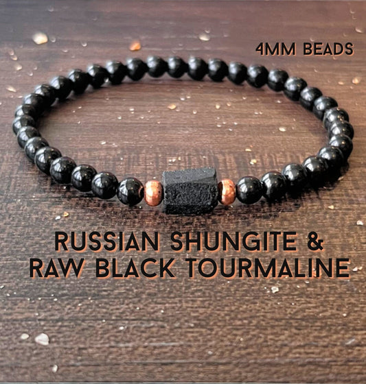 Russian Shungite & Raw Black Tourmaline with Untreated Copper // 4mm Beads - Stimulates Energy Flow - EMF Shield - Wonderfully Protective