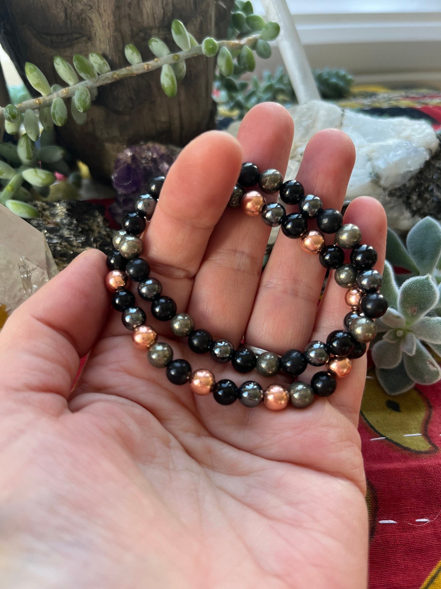 EMF Protection Mala with Copper // 6mm Beads, Shungite - Pyrite - Black Tourmaline - Hematite