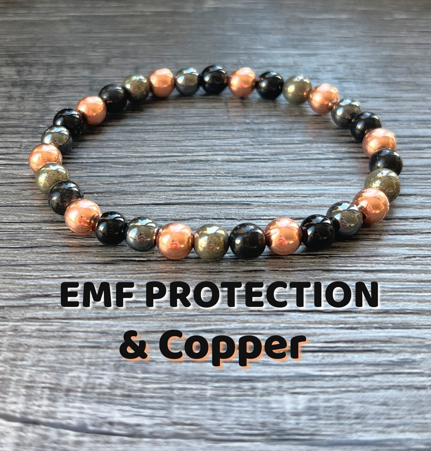 EMF Protection Mala with Copper // 6mm Beads, Shungite - Pyrite - Black Tourmaline - Hematite