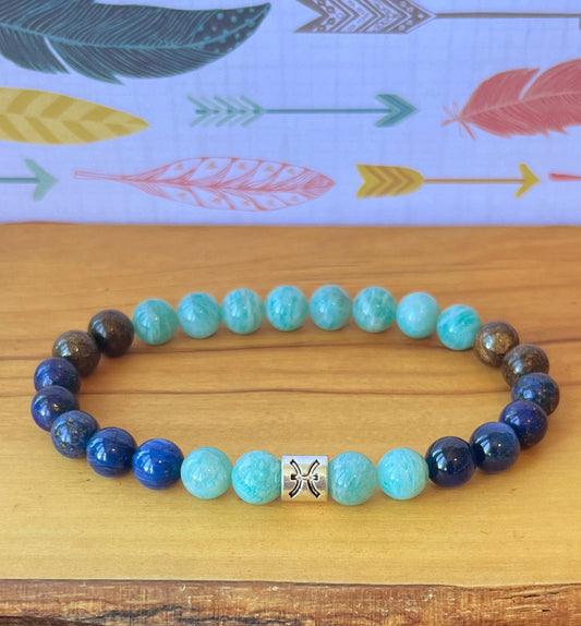 Pisces Zodiac Wrist Mala  //  Brazilian Amazonite - Blue Kyanite - Dumortierite - Bronzite