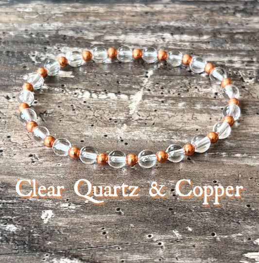 Clear Quartz & Untreated Copper Wrist Mala // 6mm Beads - Stimulates Energy Flow - Clarity of Mind - Healing for All Chakras - Cleansing