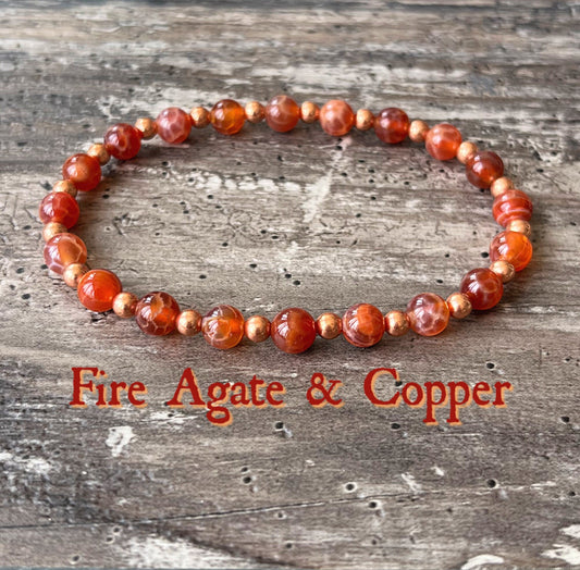 Fire Agate & Untreated Copper Wrist Mala // 6mm Beads - Stimulates Energy Flow - Creativity - Passion - Motivation