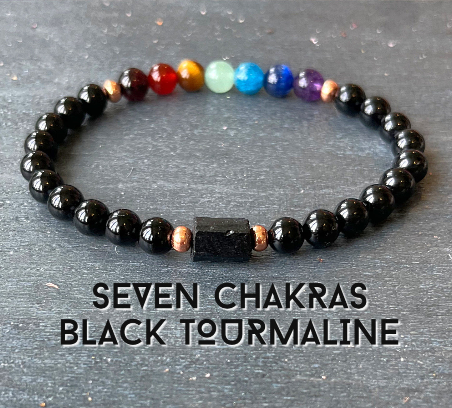 AAA Black Tourmaline 7 Chakras with Untreated Copper // 6mm Beads - Stimulates Energy Flow - EMF Shield - Wonderfully Protective