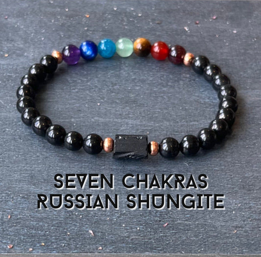 Russian Shungite 7 Chakras with Untreated Copper // 6mm Beads - Stimulates Energy Flow - EMF Shield - Wonderfully Protective