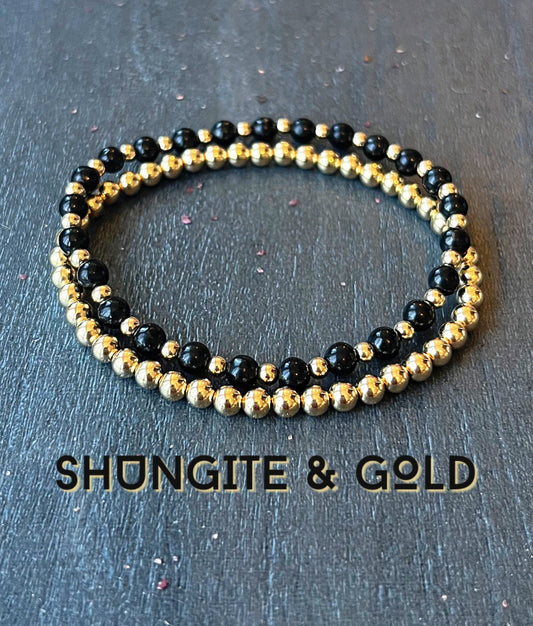 Shungite & 14k Gold Fill Bracelet // 4mm Beads - Root Chakra Support - Stimulates Energy Flow - EMF Shield - Wonderfully Protective