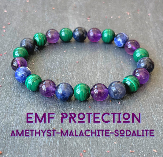 EMF Protection Mala // 8mm Beads, Malachite - Amethyst - Sodalite