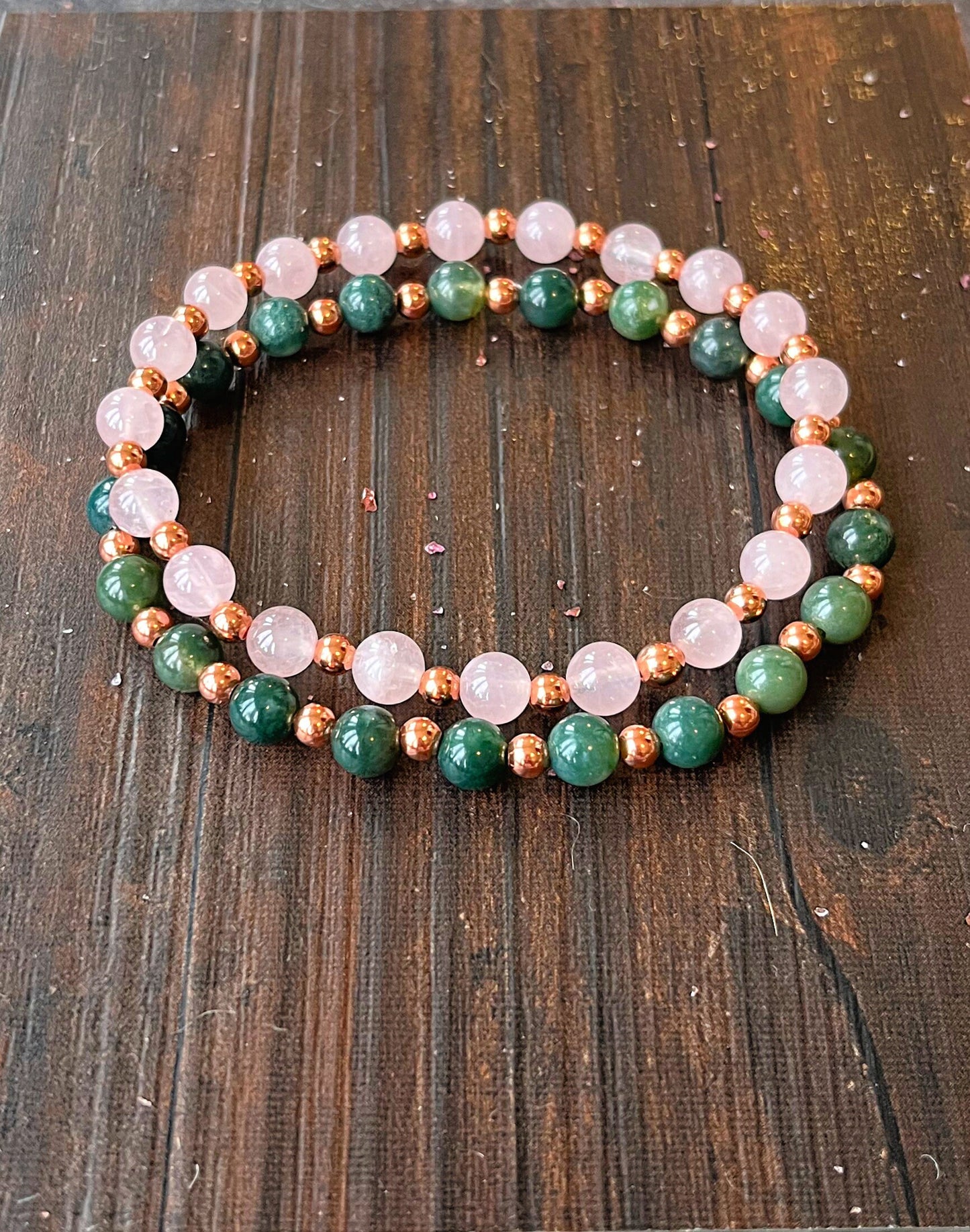 moss agate and rose quartz bracelets with healing copper for the heart chakra