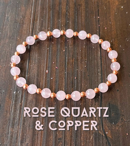 rose quartz and healing copper bracelet for attracting love and romance