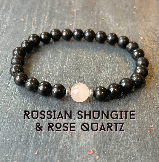 Russian Shungite & Rose Quartz Wrist Mala // Heart Chakra Support - EMF Protection - Healing Crystal Gemstone Bracelet