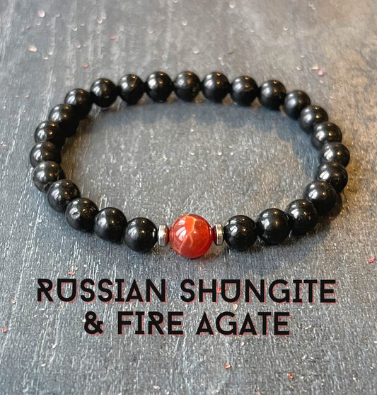 Russian Shungite & Fire Agate Wrist Mala // Sacral Chakra Support - EMF Protection - Fire Element - Healing Crystal Gemstone Bracelet