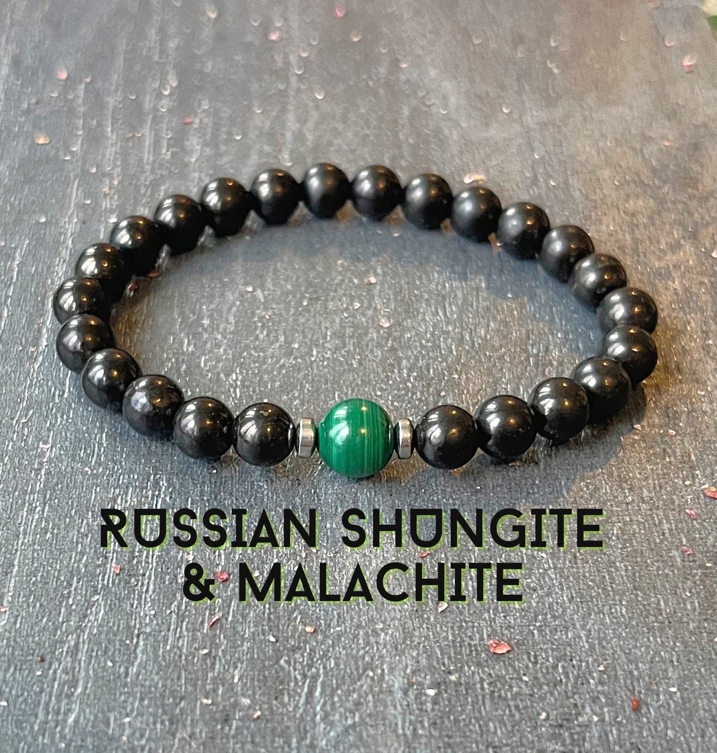 Russian Shungite & Malachite Wrist Mala // Heart Chakra Support - EMF Protection - Healing Crystal Gemstone Bracelet