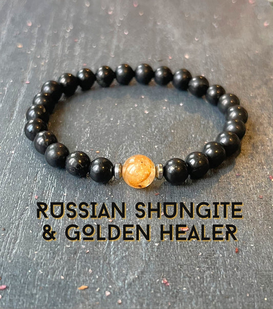 Russian Shungite & Golden Healer Wrist Mala // Solar Plexus Chakra Support - EMF Protection - Healing Crystal Gemstone Bracelet