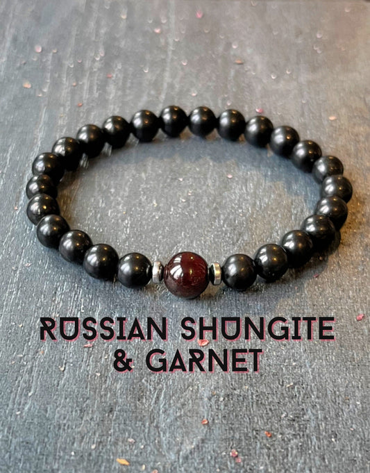 Russian Shungite & Garnet Wrist Mala // Root Chakra Support - EMF Protection - January Birthstone - Fire Element - Healing Gemstone Bracelet