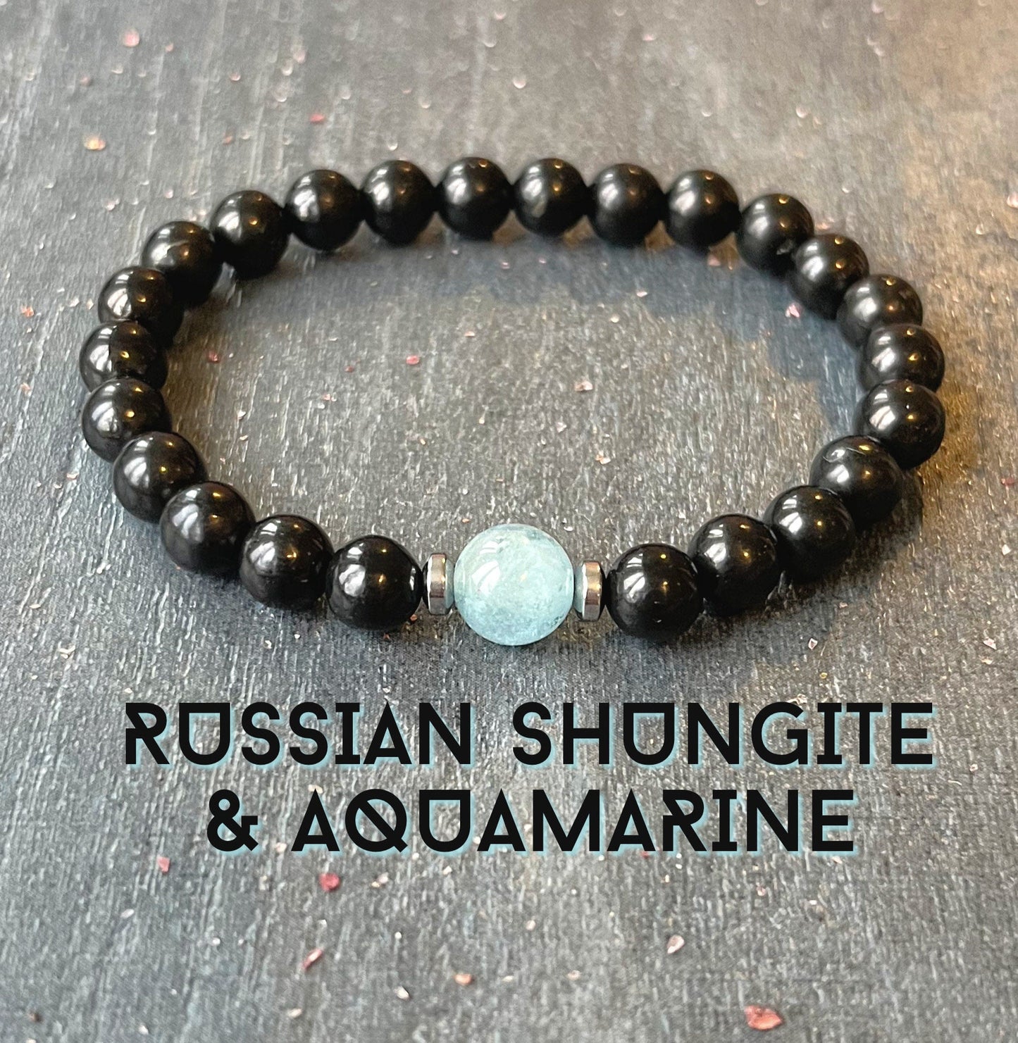 Russian Shungite & Aquamarine Wrist Mala // Throat Chakra Support - March Birthstone - EMF Protection - Healing Crystal Gemstone Bracelet