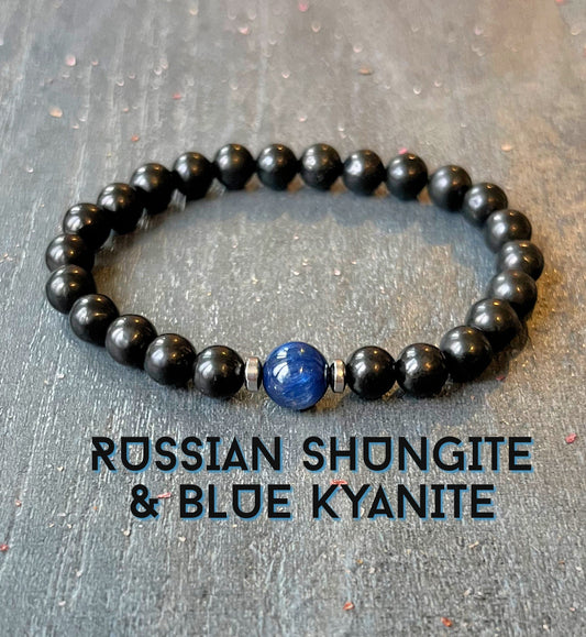 Russian Shungite & Blue Kyanite Wrist Mala // Third Eye Chakra Support - EMF Protection - Healing Crystal Gemstone Bracelet