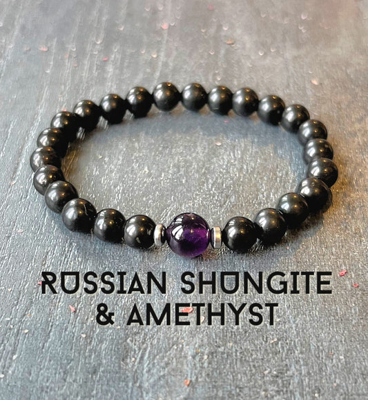 Russian Shungite & Amethyst Wrist Mala // Crown Chakra Support - February Birthstone - EMF Protection - Healing Crystal Gemstone Bracelet