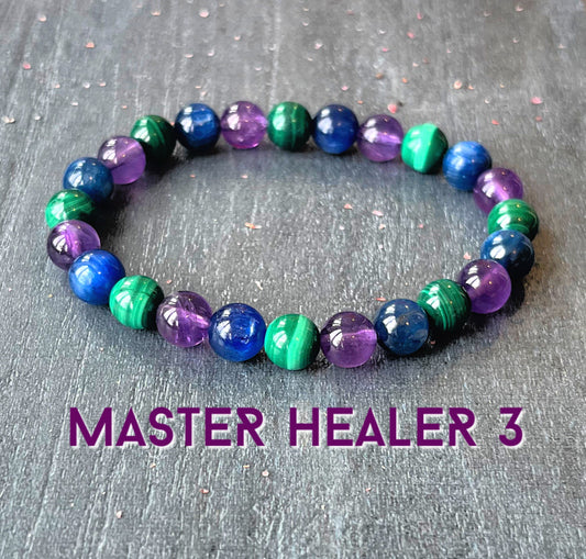 Master Healer 3 Wrist Mala // AAA Blue Kyanite-AAA Amethyst-AAA Malachite - Healing for All Chakras - Wonderfully Protective & Strengthening